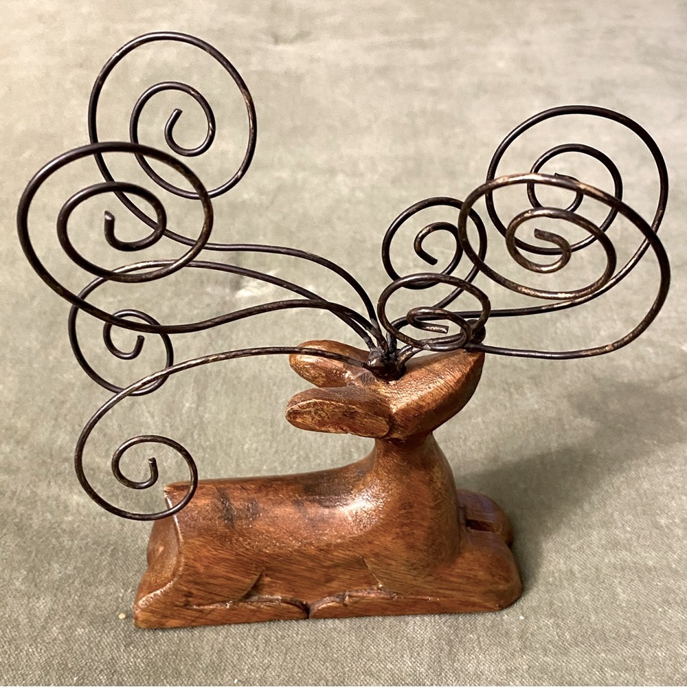 Card Holder Artistic Brown Deer Wooden Sculpture with wired antlers #13
